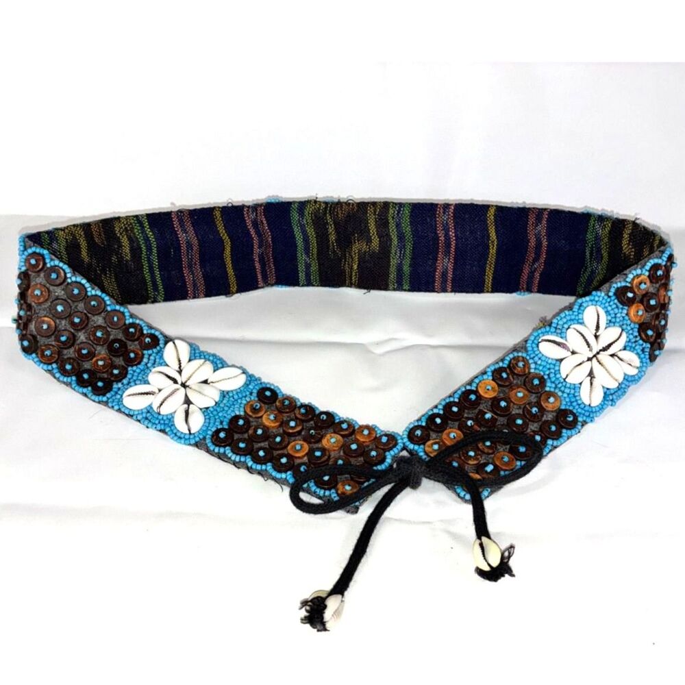 Beaded Cowrie Shell Belt Turquoise Brown Boho Hippie Tribal Adjustable Tie